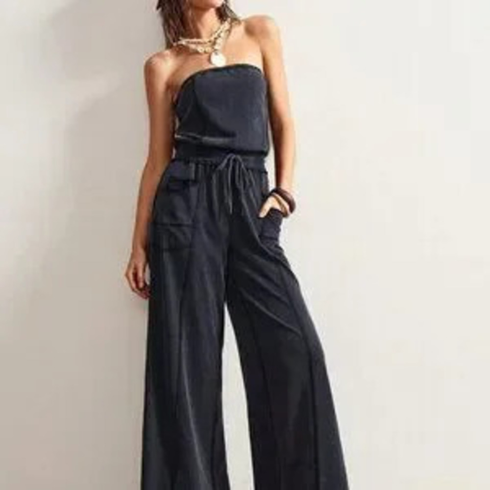 Black Casual Women's Knit Jumpsuit With Pockets And Drawstring
